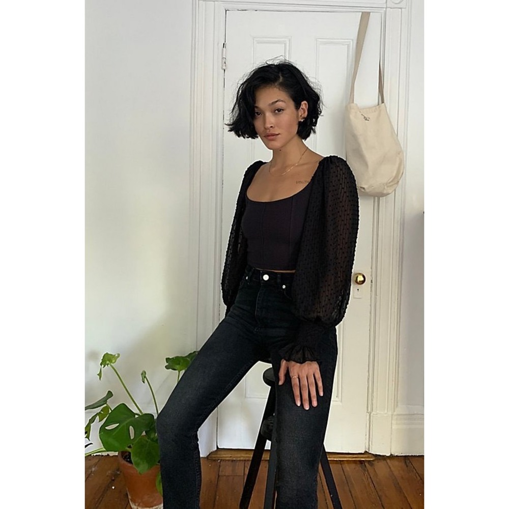 Urban Outfitters Cynthia Clip Black Ribbed Corset Crop Top Sheer Swiss Dot Sz M